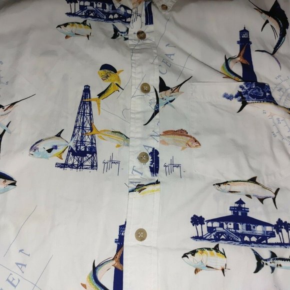 Guy Harvey AFTCO Bluewater Button Camp Shirt Fish Compass Lighthouse Classic XL - Picture 3 of 3